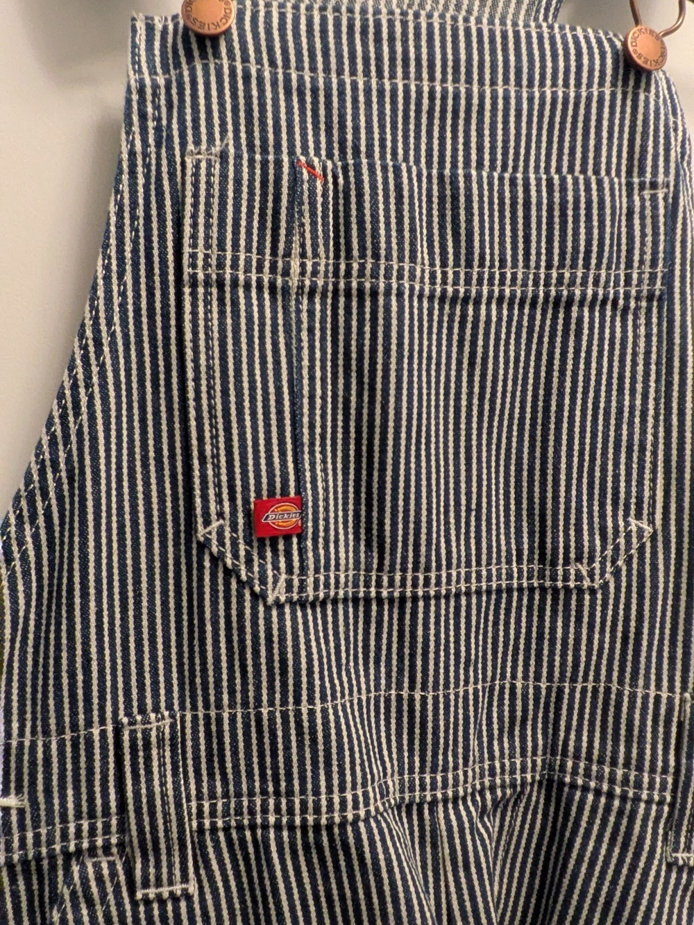 Dickies XS Bib Shortall Blue and White Overalls- Durable Denim, Women